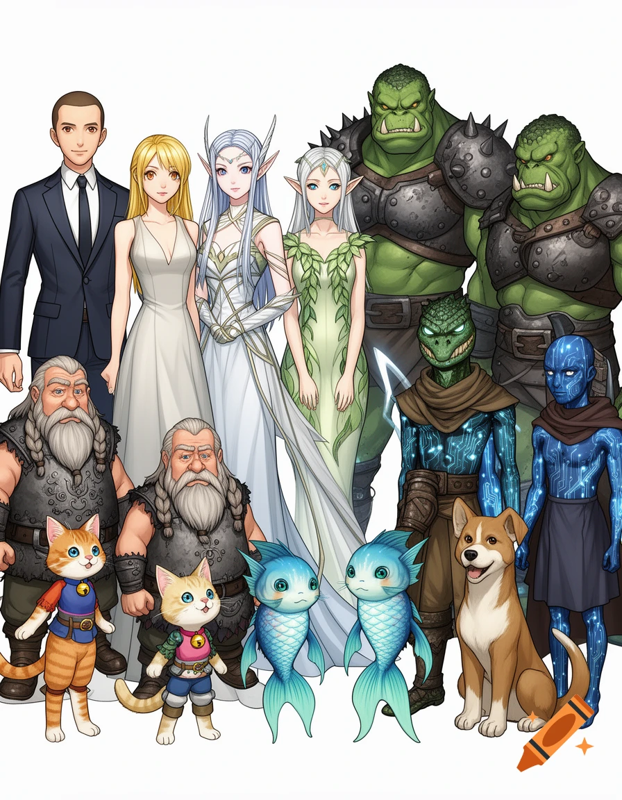 A lineup of diverse fantasy characters including humans, elves, dwarves, orcs, lizard people, circuit-skinned humanoids, cat folk, fish folk, and dog folk.