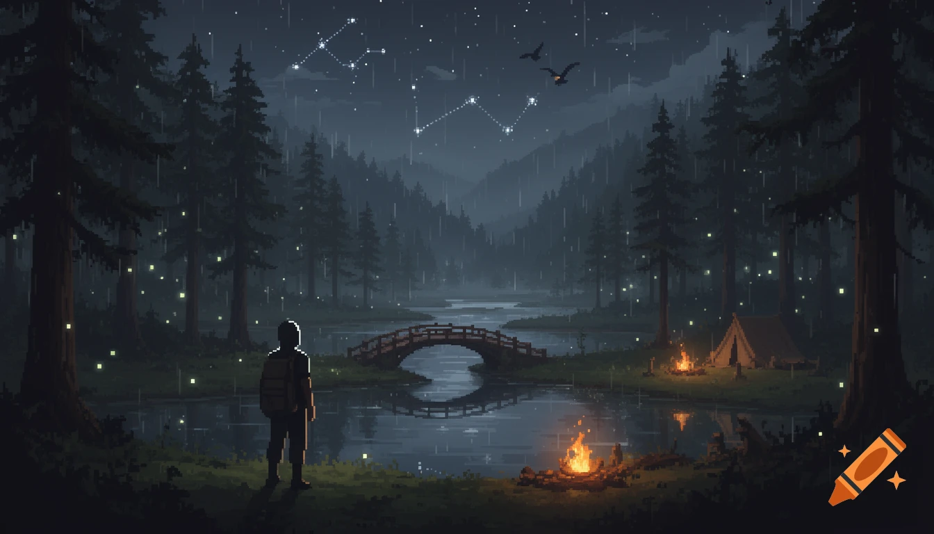 Pixel art of a traveler looking at a serene rainy forest lake with a wooden bridge, campsite, and starry sky.