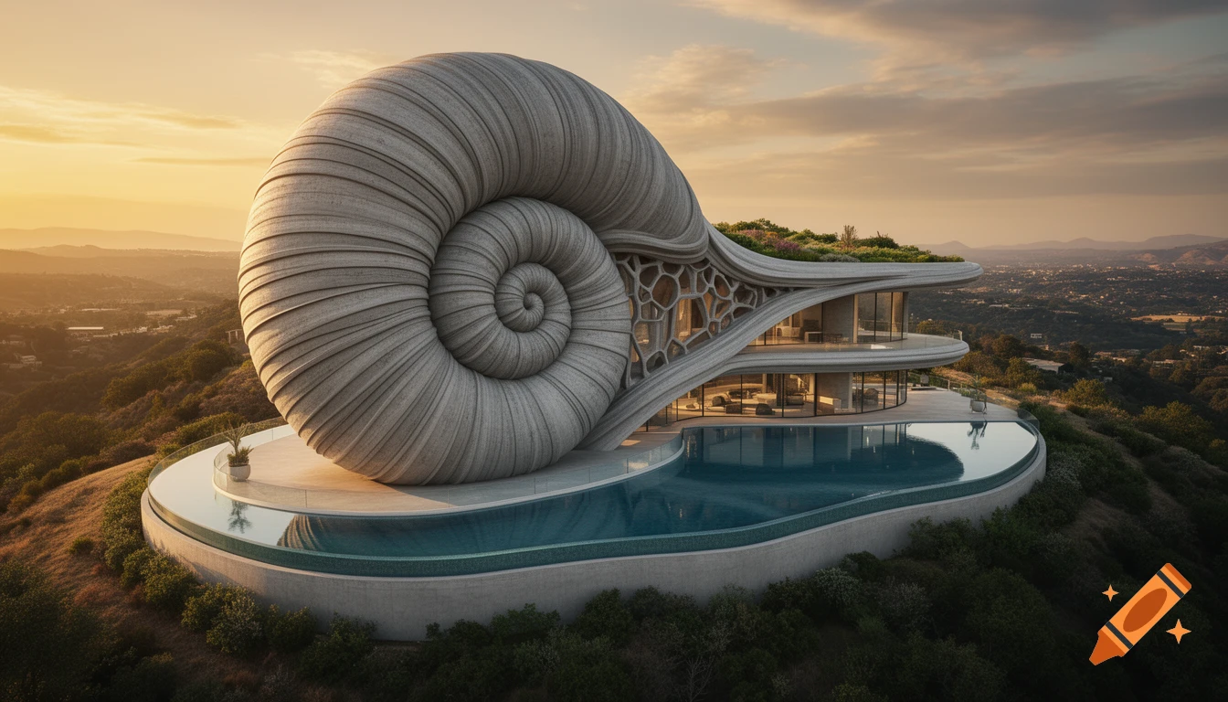 Photorealistic luxurious snail shell house with an infinity pool on a hill overlooking a landscape at sunset.