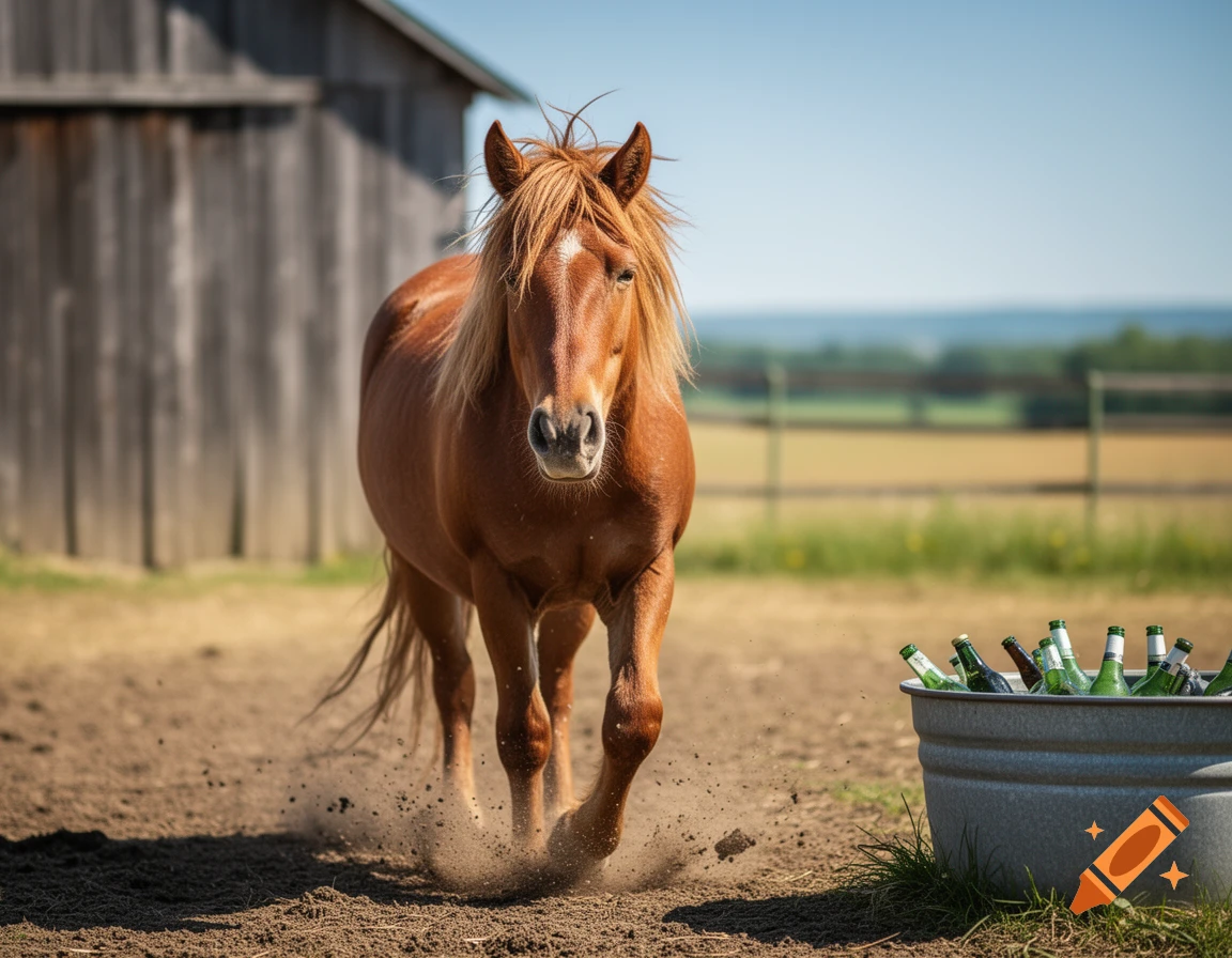Photorealistic image of a brown horse trotting on a dirt path, kicking up dust, with a barn and a tub of bottles in a rural setting.