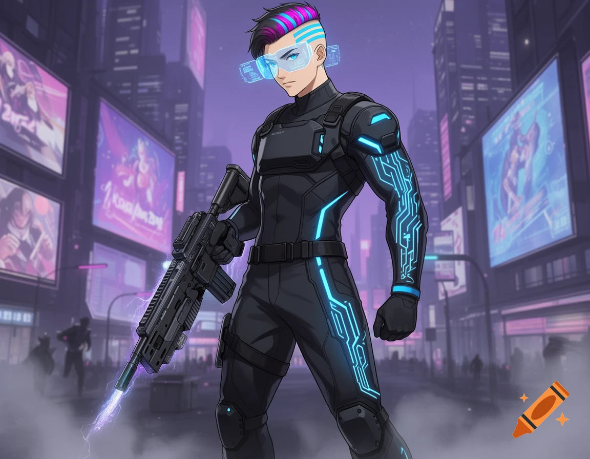 An anime-style male character in a black futuristic combat suit with glowing blue circuits, holding a rifle that emits electricity, stands in a neon-lit cyberpunk city.