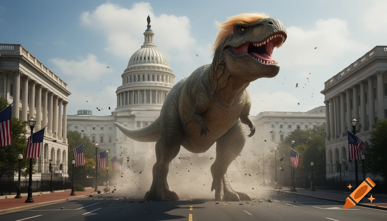 A photorealistic T-Rex with blond hair, resembling Donald Trump, stomps and causes dust in front of the US Capitol building.