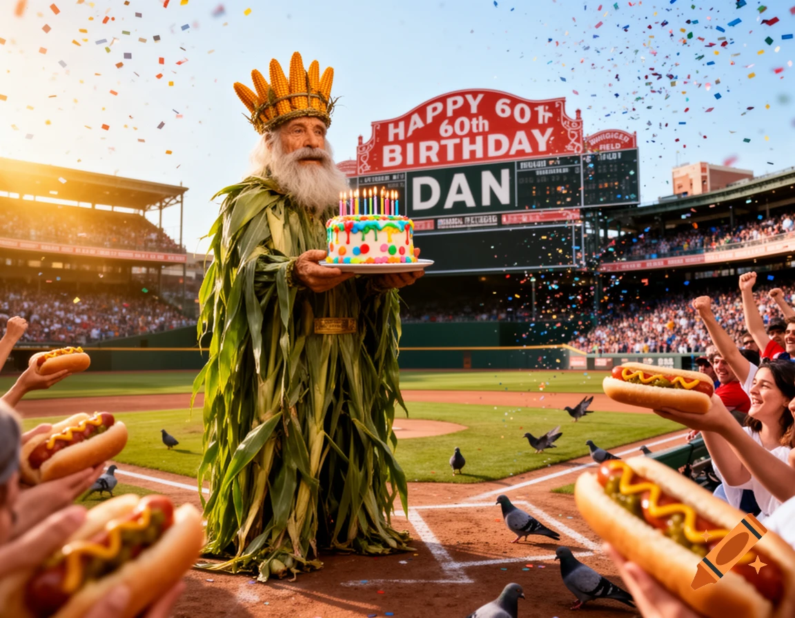 A man dressed as the Corn King holds a birthday cake on a baseball field with confetti. The scoreboard reads "HAPPY 60th BIRTHDAY DAN". People in the stands cheer, and hot dogs and pigeons are in the foreground.