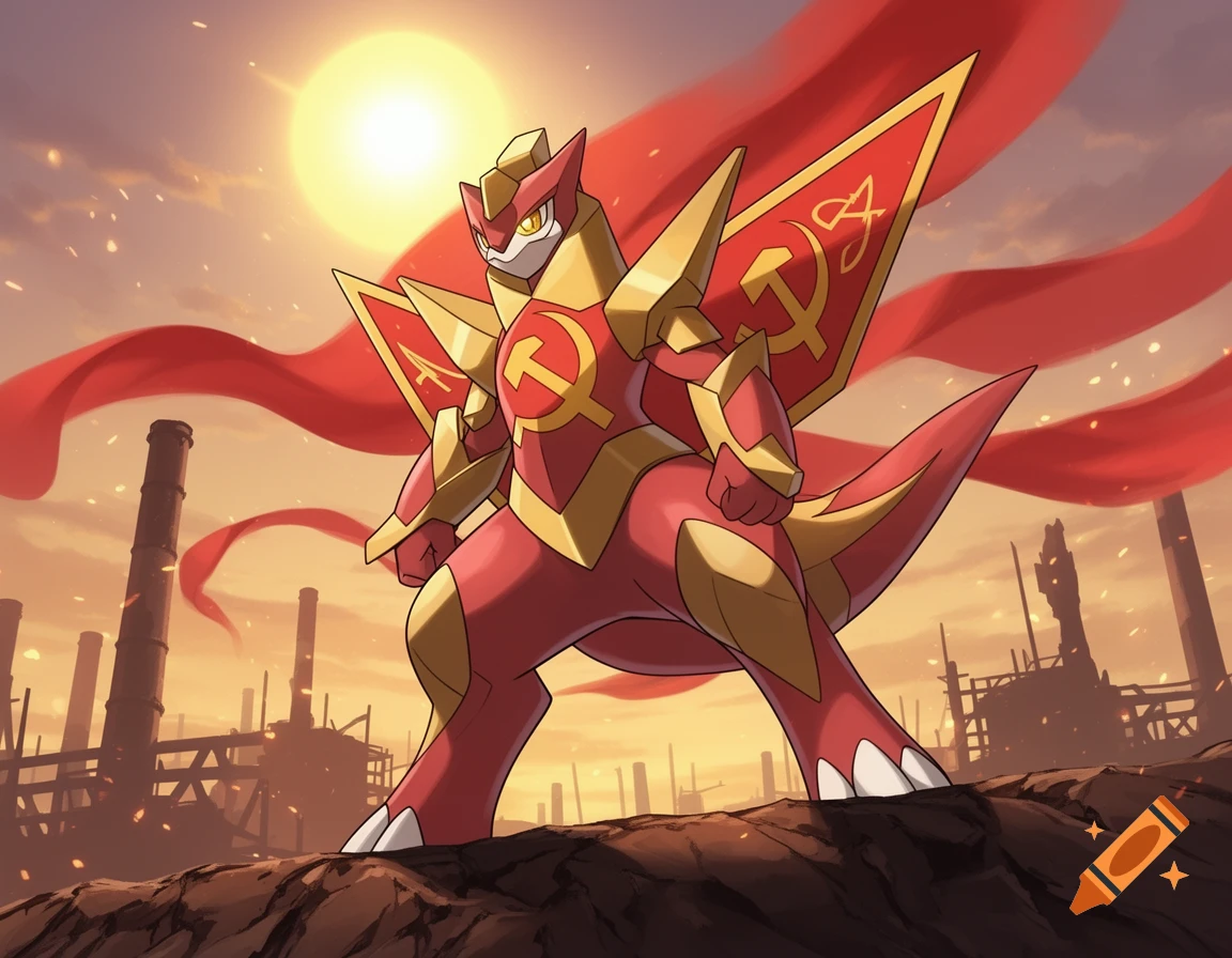 A red and gold armored Pokemon-like creature with a hammer and sickle symbol on its chest, standing in an industrial landscape under a bright sun, with a flowing red cape.