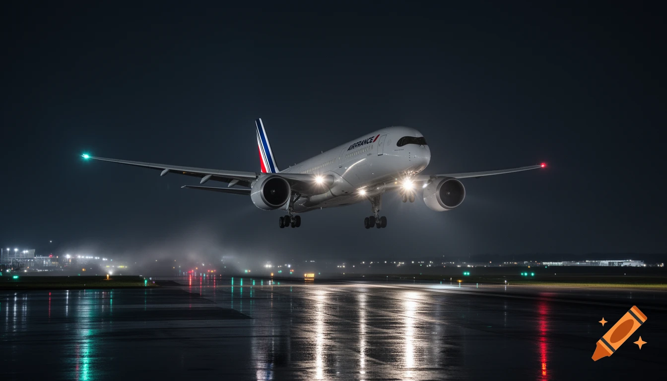 An Air France Airbus A350 airplane on final approach at night, with landing gear extended and lights illuminating the wet runway, reflecting the lights.