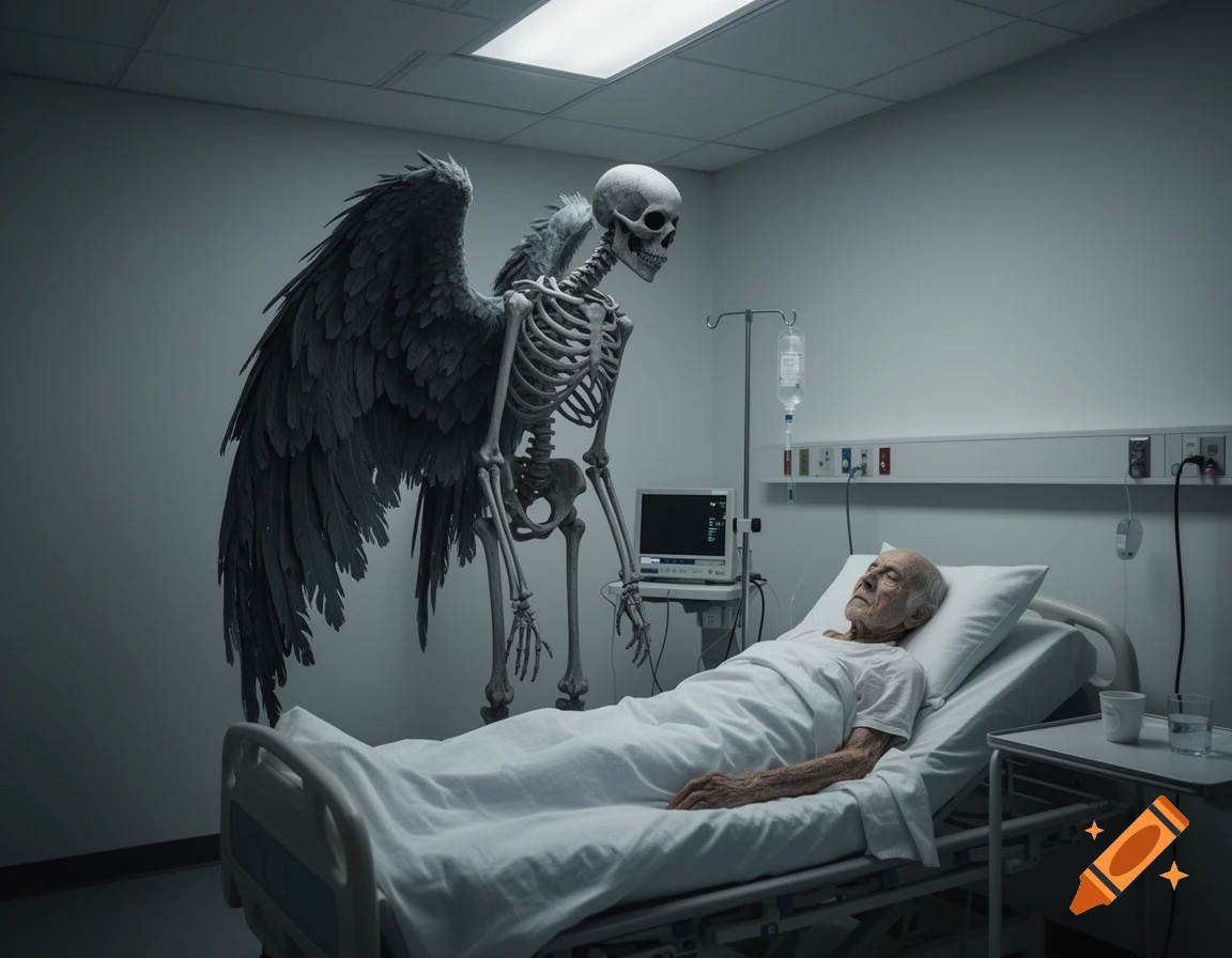 A grey skeleton with large dark feathered wings stands over an old man lying in a hospital bed, looking down at him. Photorealistic style.