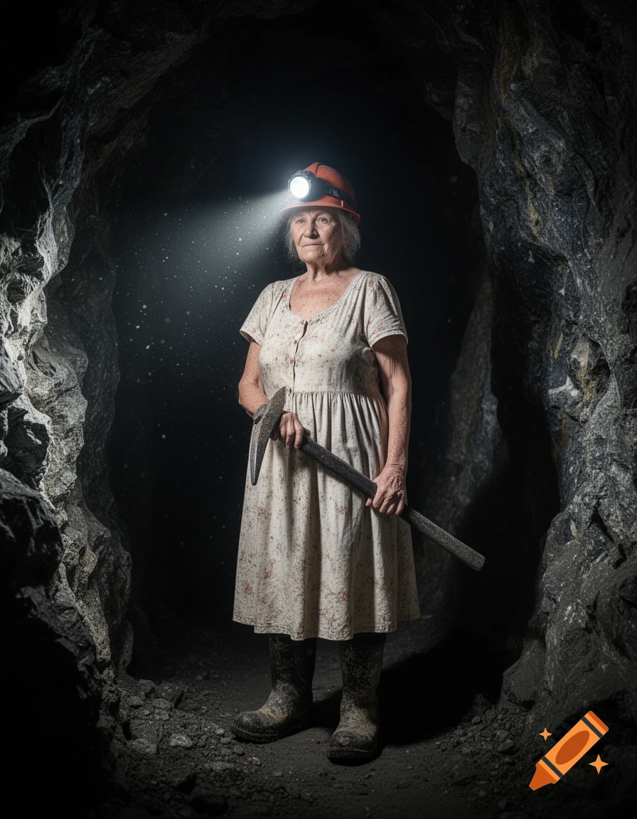 Elderly woman in a hard hat with a headlamp and pickaxe stands in a dark mine tunnel, wearing a dress and boots.