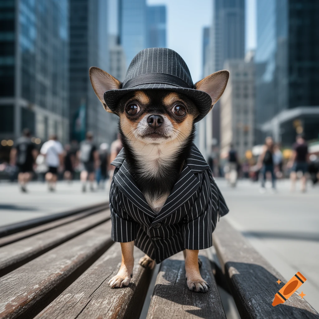 A photorealistic chihuahua in a black pinstripe suit and fedora, sitting on a wooden bench on a city street.