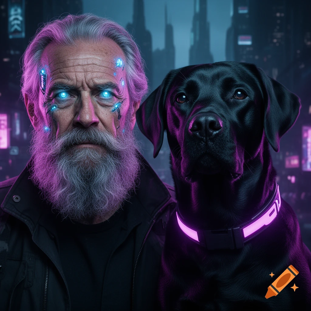 Cyberpunk portrait of an old man with glowing cybernetic eyes and a black labrador with a glowing collar in a neon city.