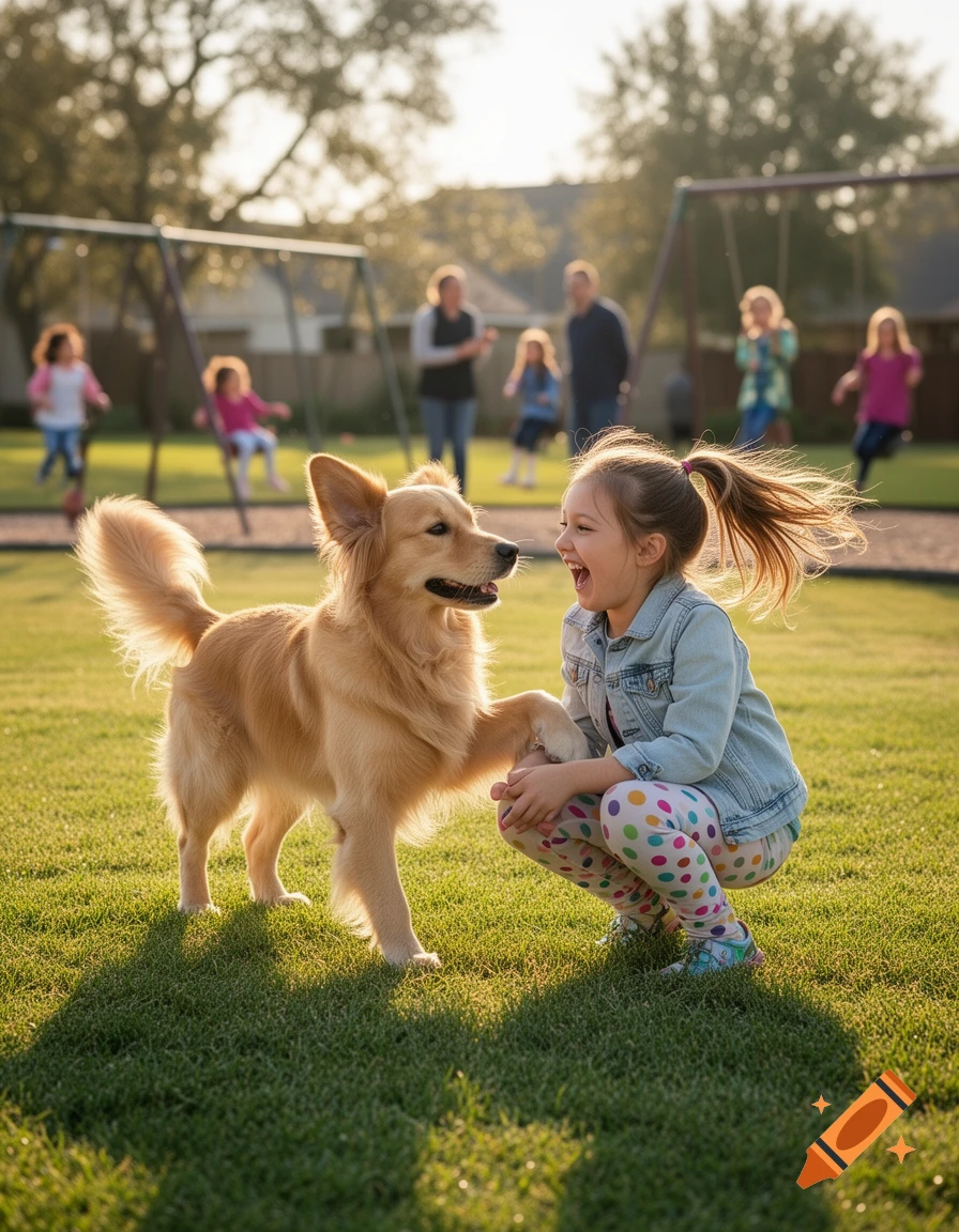 A young girl laughs, crouching to play with a golden retriever in a sunlit park, with blurred figures and playground equipment behind them.