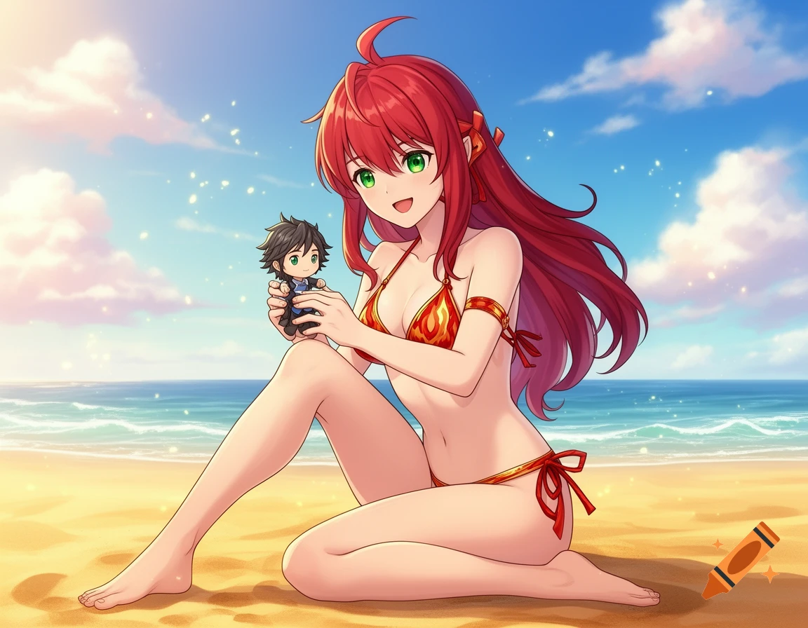 Anime character Pyra in a red bikini smiles on a sunny beach, holding a small Shulk figure with the ocean in the background.