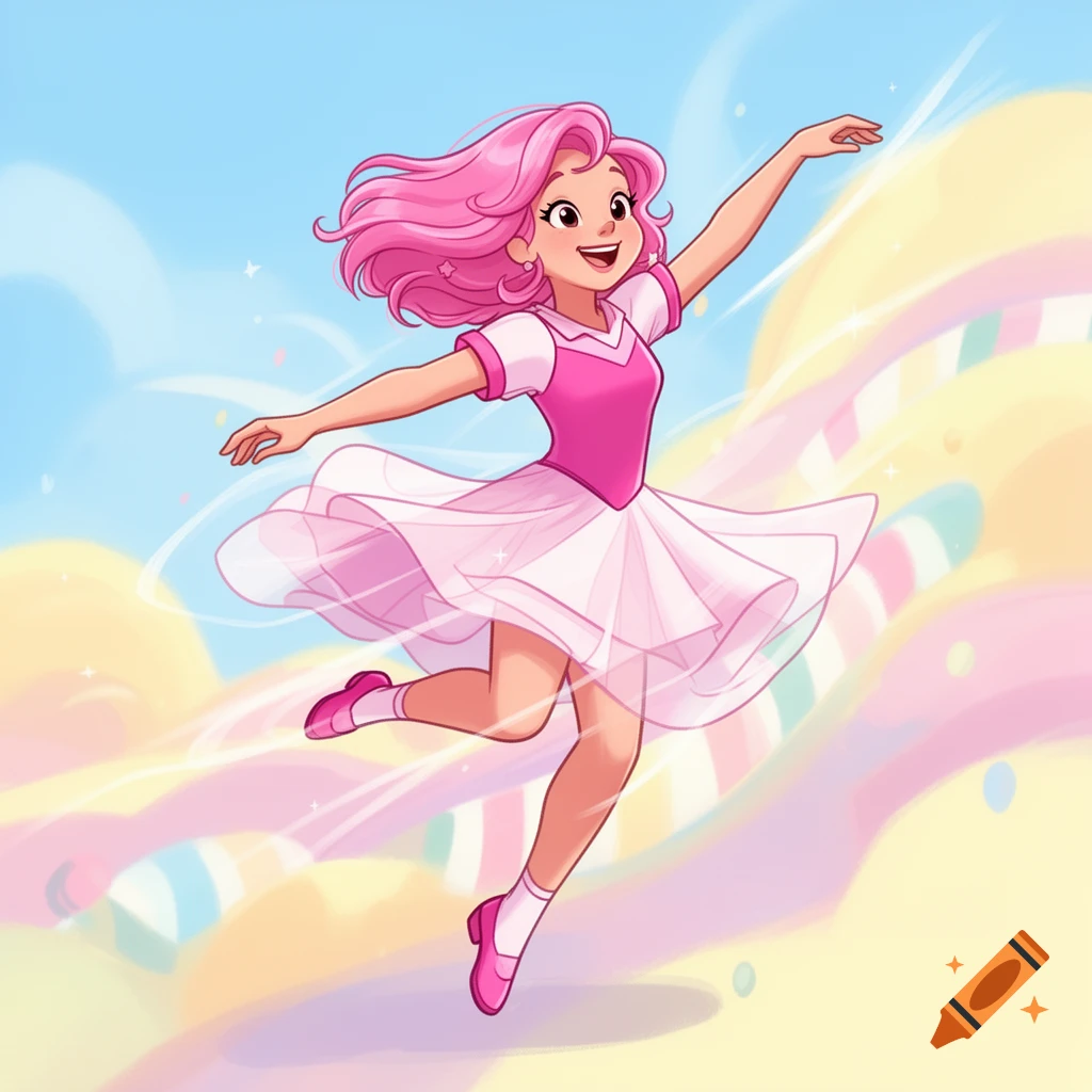A cheerful cartoon girl with pink hair in a pink and white dress dances mid-air, surrounded by pastel-colored swirling ribbons and a blue sky.