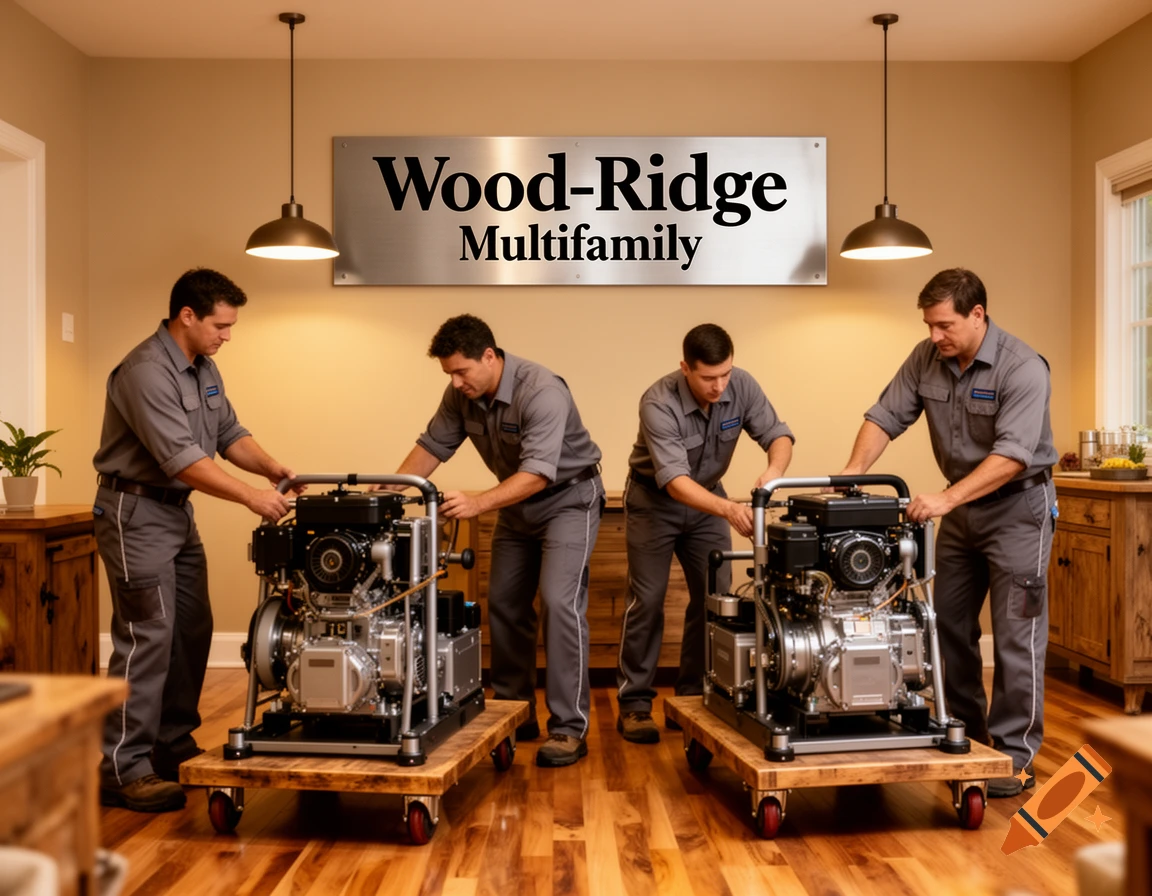 Four men in gray uniforms pushing two large pieces of mechanical equipment on dollies inside a building with a 'Wood-Ridge Multifamily' sign.