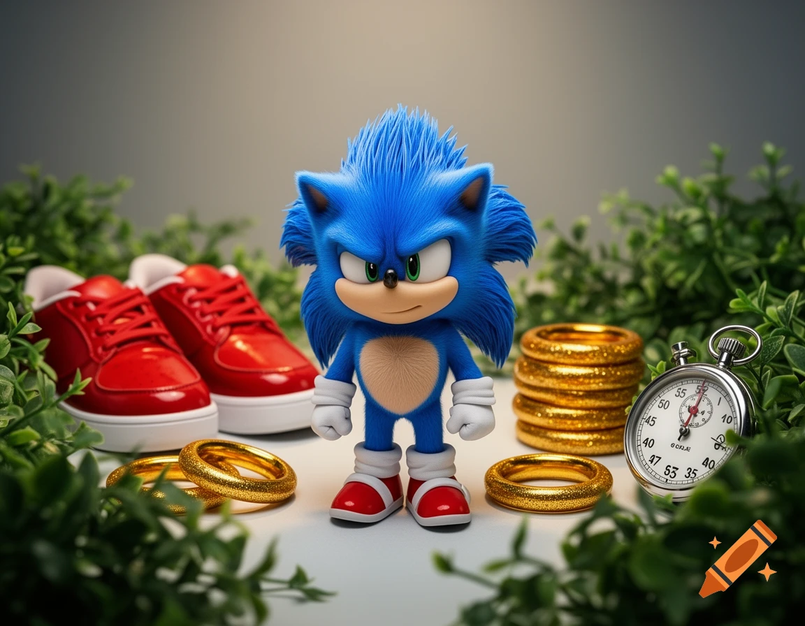 A still life featuring a detailed Sonic the Hedgehog toy standing among gold rings, red sneakers, and a stopwatch, surrounded by green foliage.