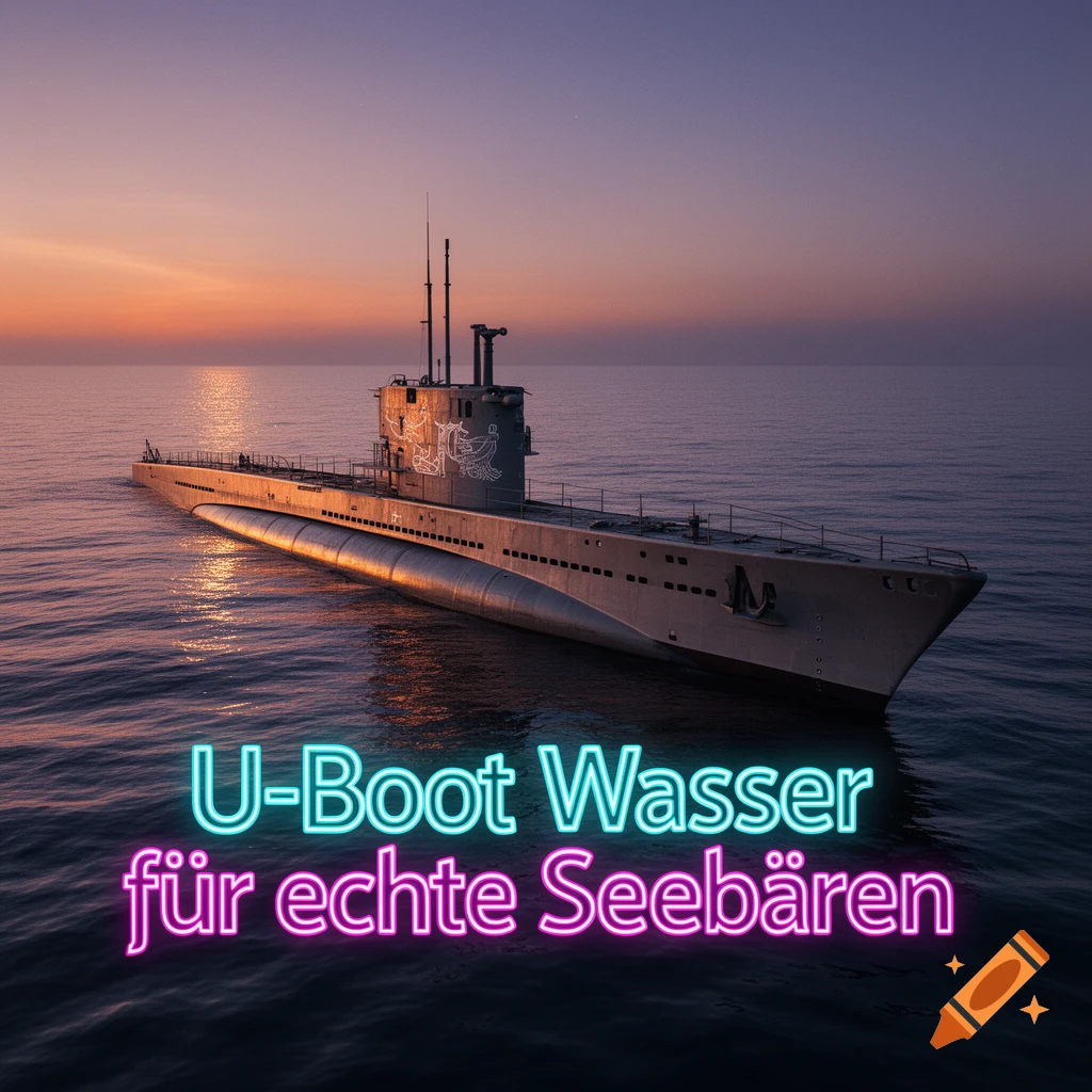 A submarine floats on calm water under an orange and purple sunset sky, with neon text 'U-Boot Wasser für echte Seebären'.
