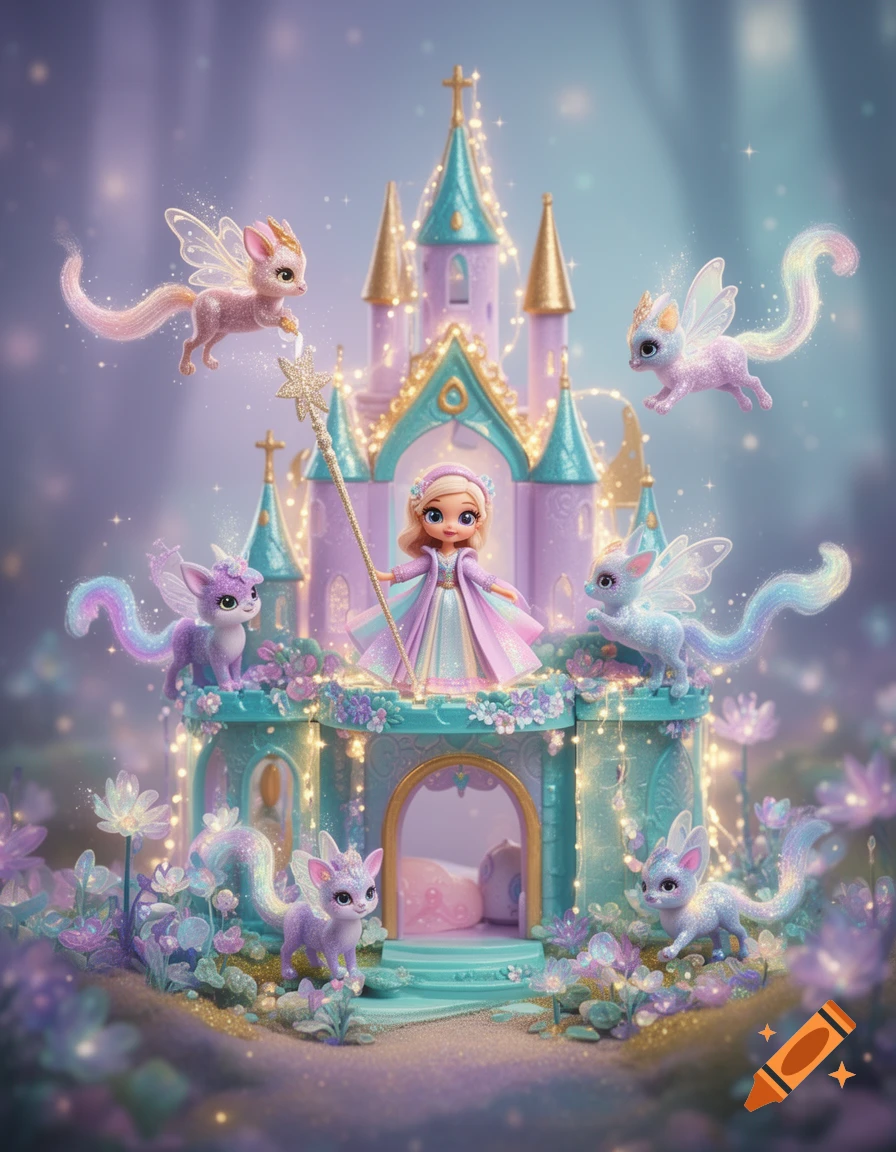 A whimsical pastel scene of a doll-like princess holding a wand in front of a sparkling castle, surrounded by magical fairy creatures and glowing flowers.