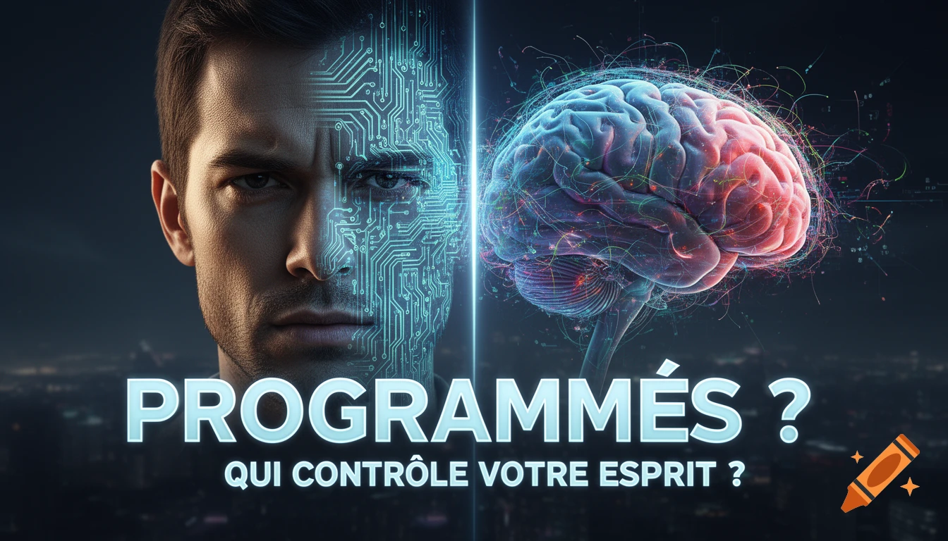 Half man, half circuit face with a glowing brain and neural networks, with text asking 'PROGRAMMÉS ? QUI CONTRÔLE VOTRE ESPRIT ?' in a futuristic style.