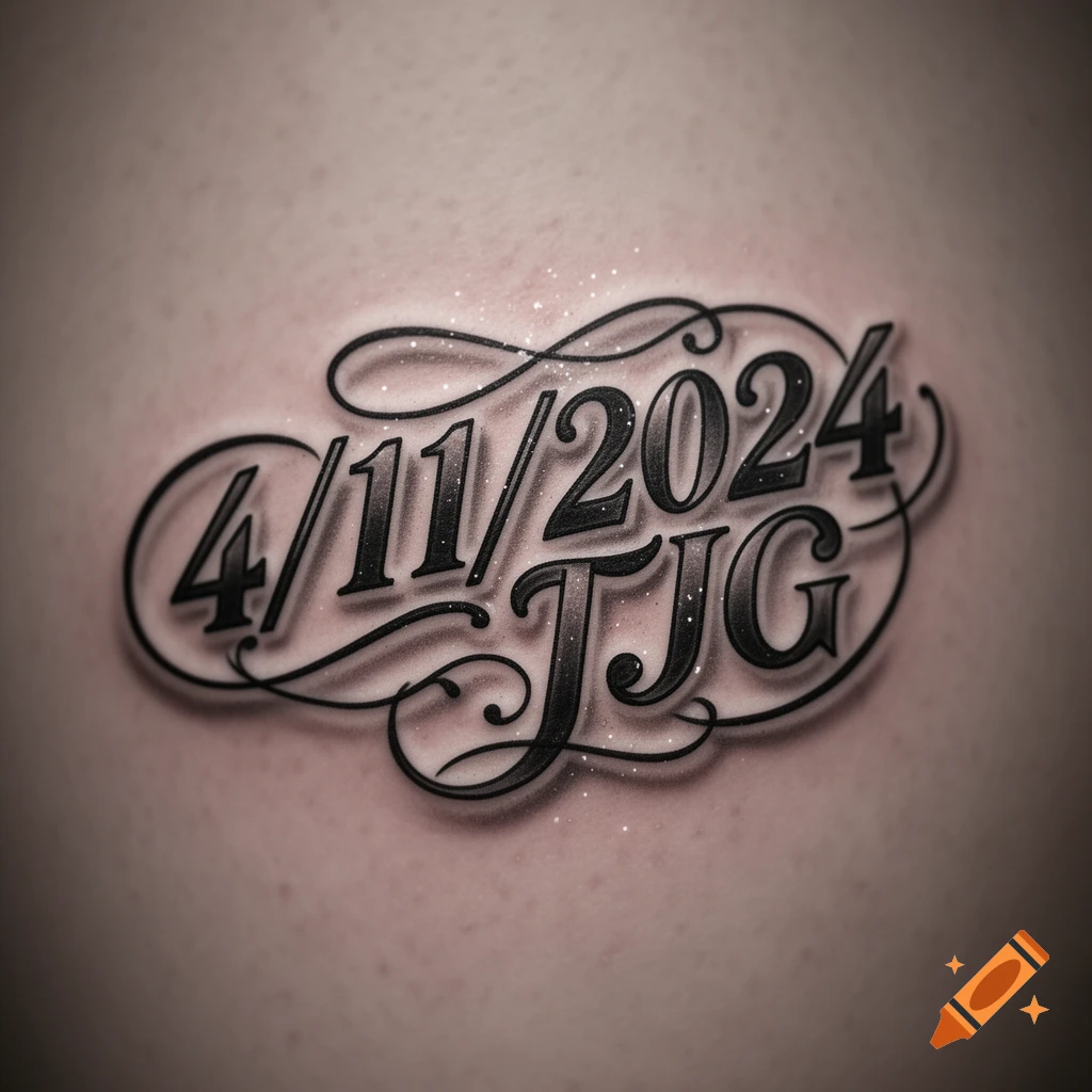 Stylized black and white tattoo on skin, featuring the date 4/11/2024 and initials TJG.