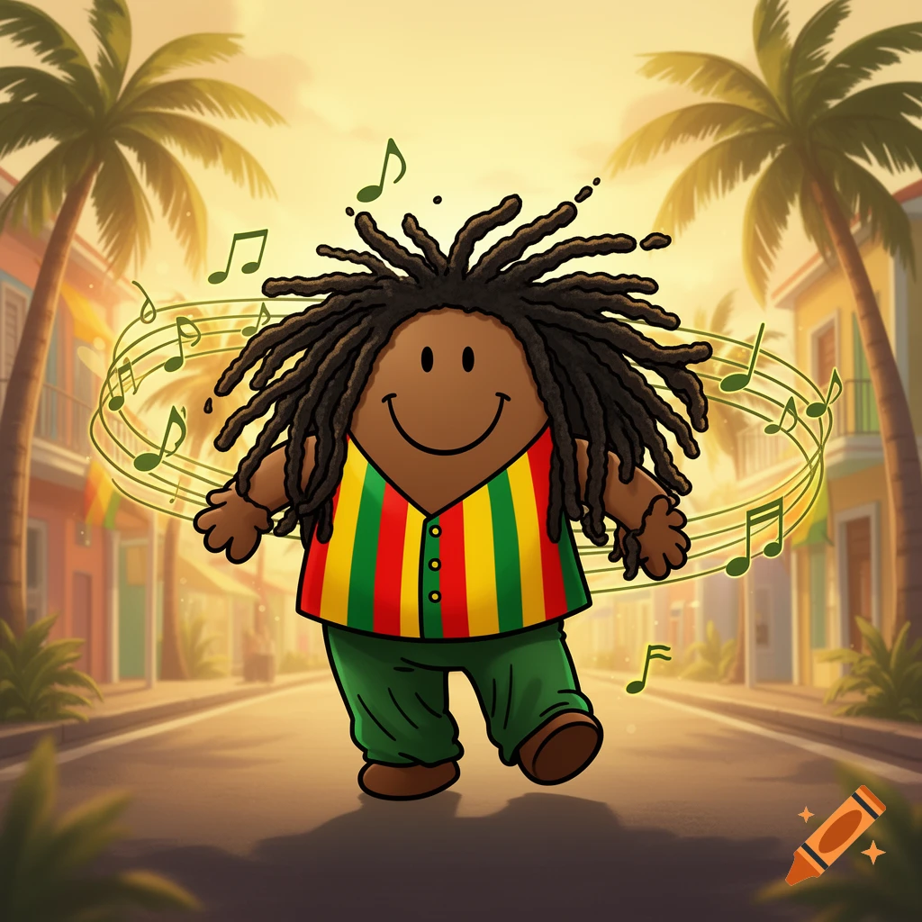 A happy, round, brown cartoon character with dreadlocks, wearing a red, yellow, and green striped shirt, dances on a sunny street with palm trees and musical notes.