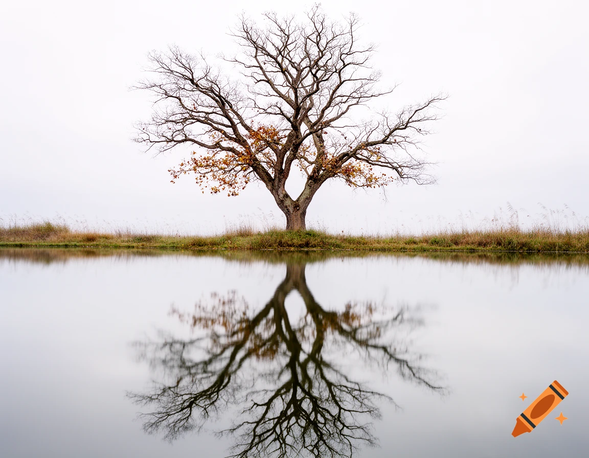 A bare tree with a few brown leaves stands on a grassy bank, its branches reflected perfectly in the calm water below under a bright sky.