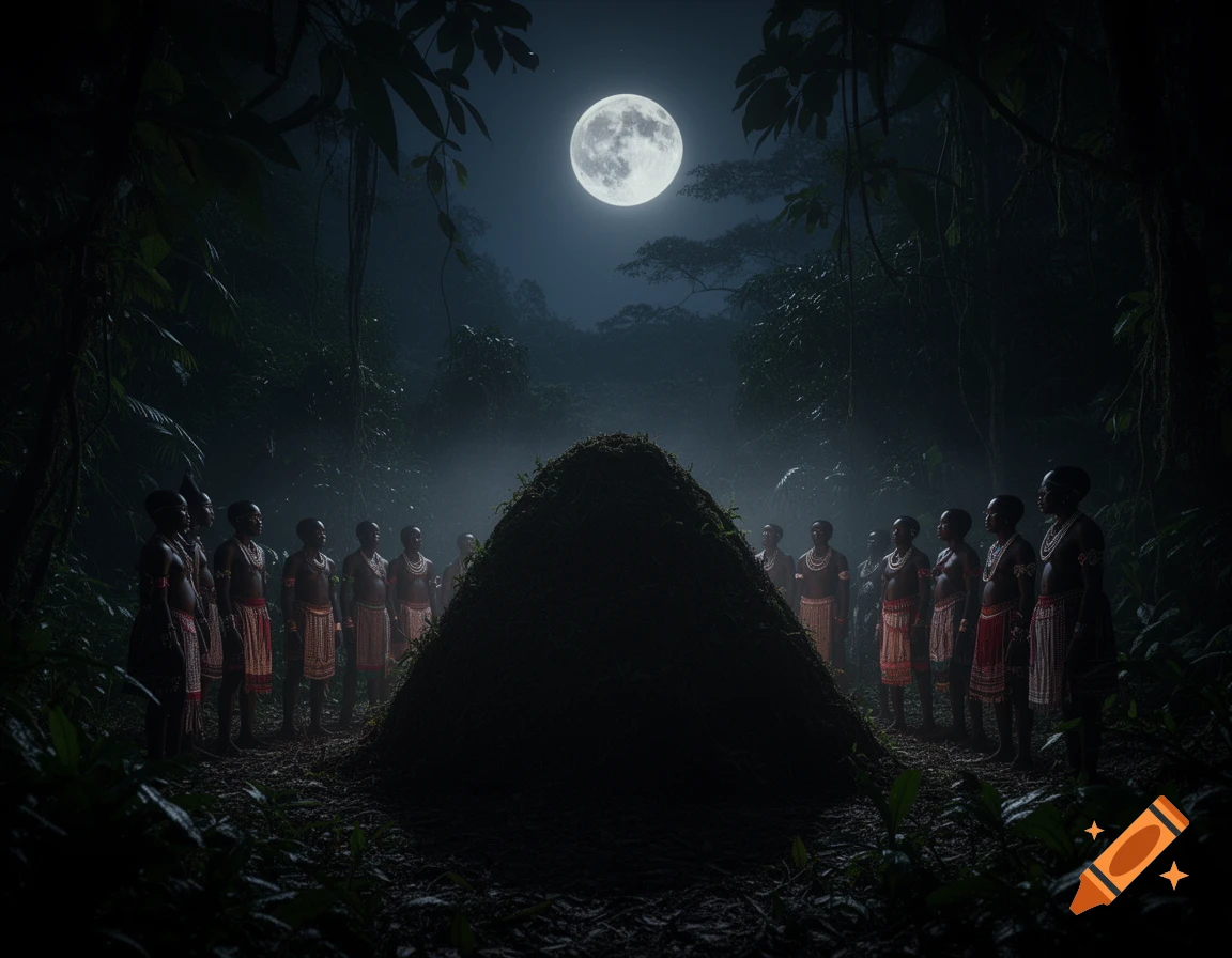 A full moon illuminates a dark jungle clearing where a group of people in traditional attire gather around a large mound.