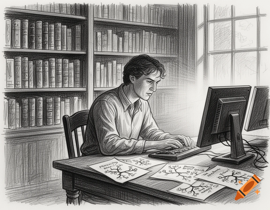 Black and white sketch of a man working intently at a computer on a desk in a library, surrounded by bookshelves.