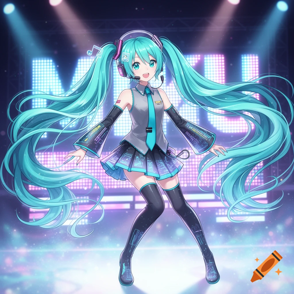 Hatsune Miku poses on a vibrant concert stage with an LED screen displaying 'MIKU' in the background, anime style.