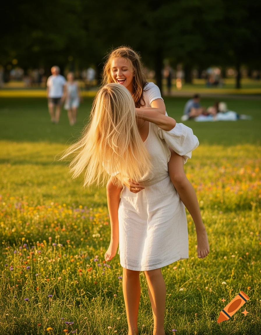 A young blonde woman gives a piggyback ride to a laughing girl with long hair in a sunny park filled with wildflowers.