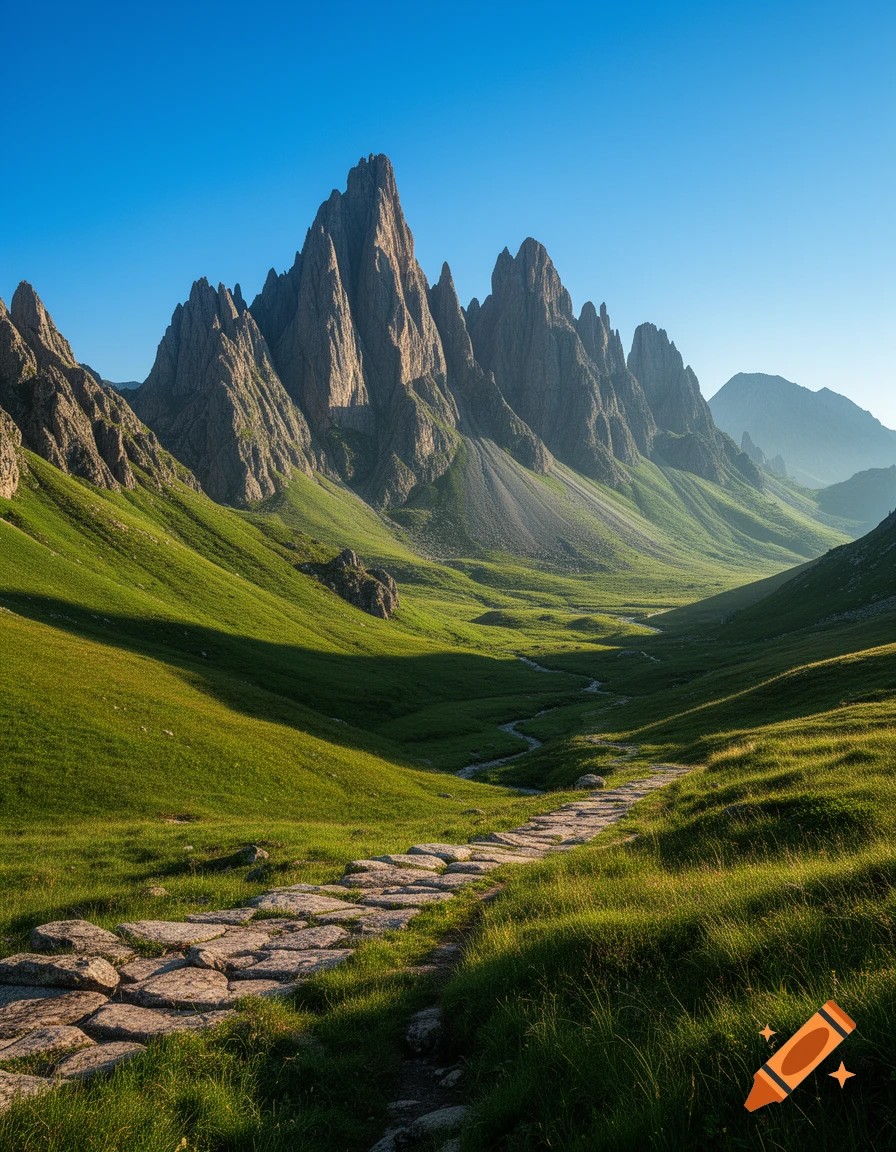 A winding stone path leads through a lush green valley towards jagged mountains under a clear blue sky.