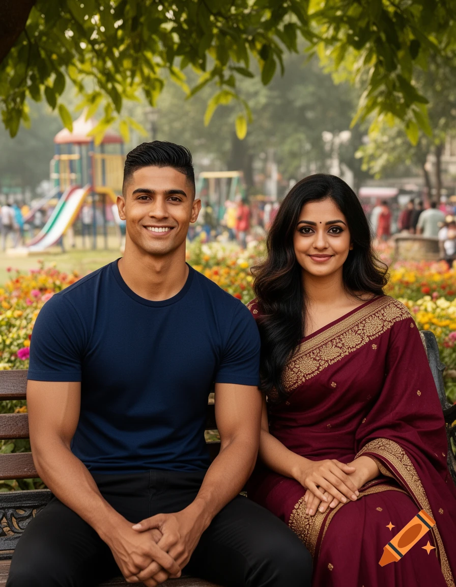 Smiling Indian man in a blue t-shirt and woman in a maroon saree sit together on a park bench.