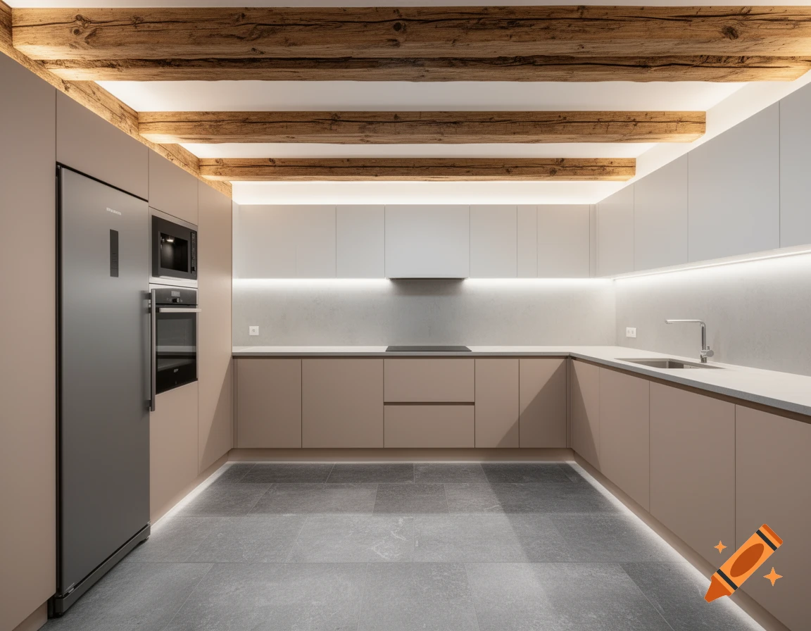 Photorealistic modern U-shaped kitchen with wooden ceiling beams, beige cabinetry, gray tiled floor, and warm LED lighting.