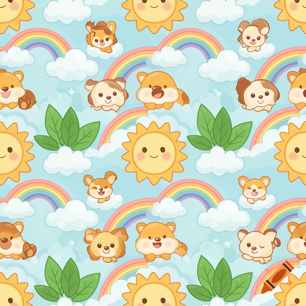 Seamless cartoon pattern of smiling suns, clouds, rainbows, and various cute animals like bears, hamsters, and dogs on a blue sky background.