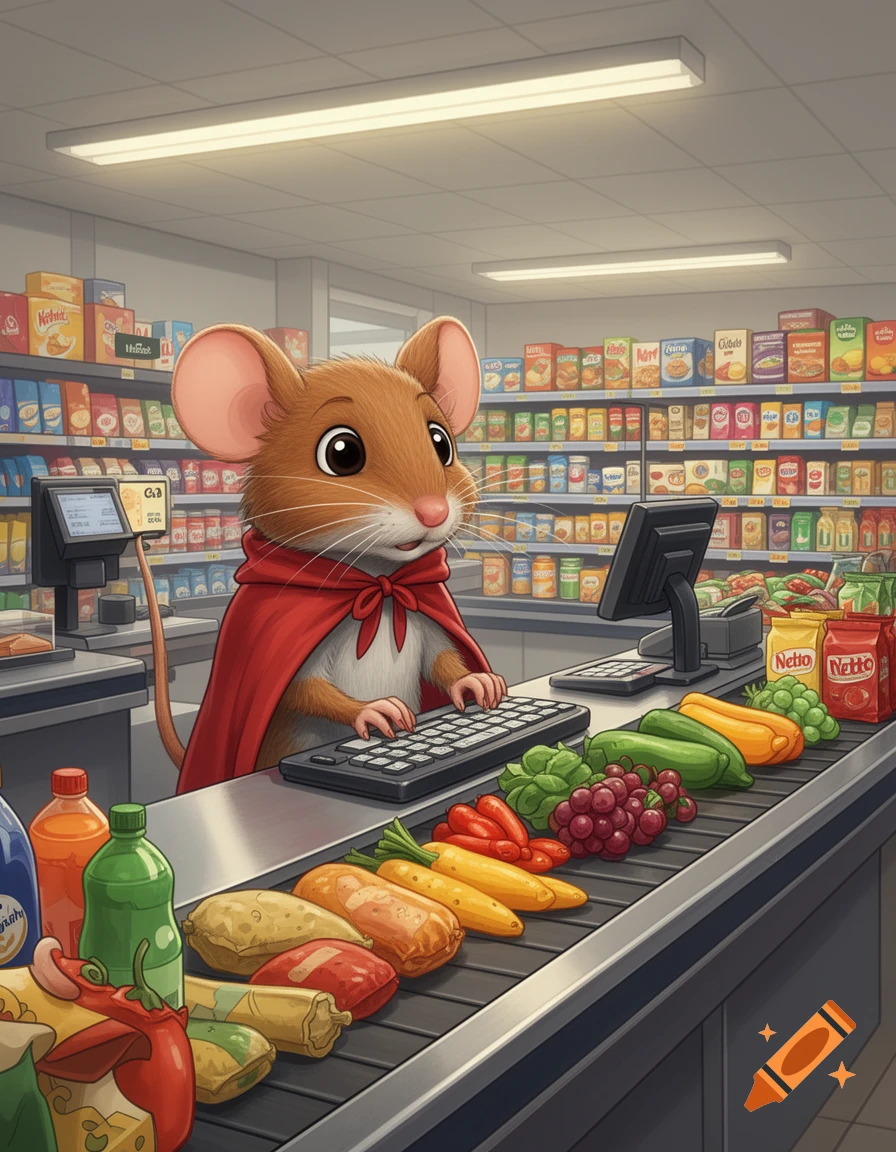 A cartoon mouse in a red cape works as a cashier at a Netto supermarket, scanning groceries like fruits and vegetables.