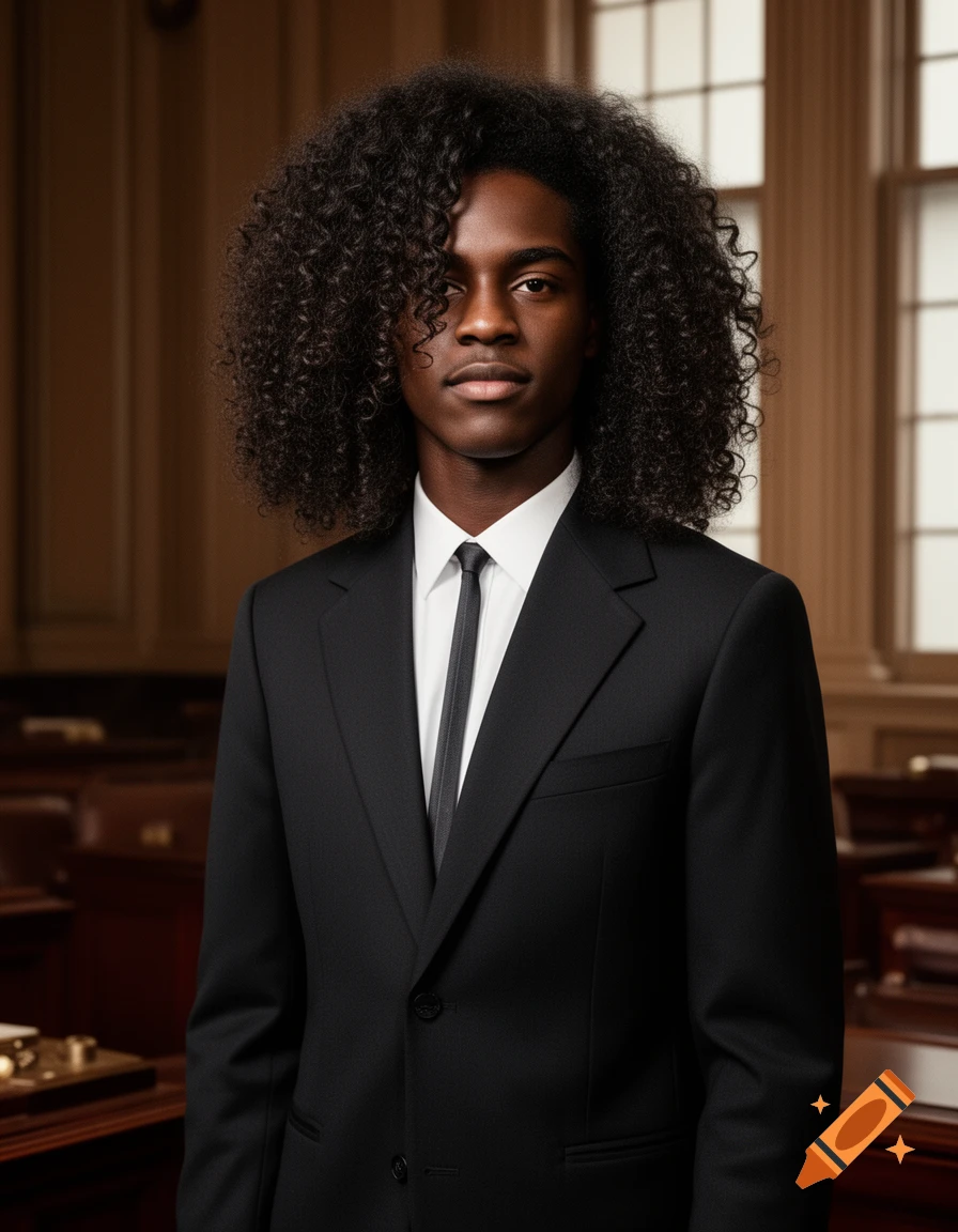 A young Black man with long curly hair, wearing a black suit and tie, stands in a formal room with windows.