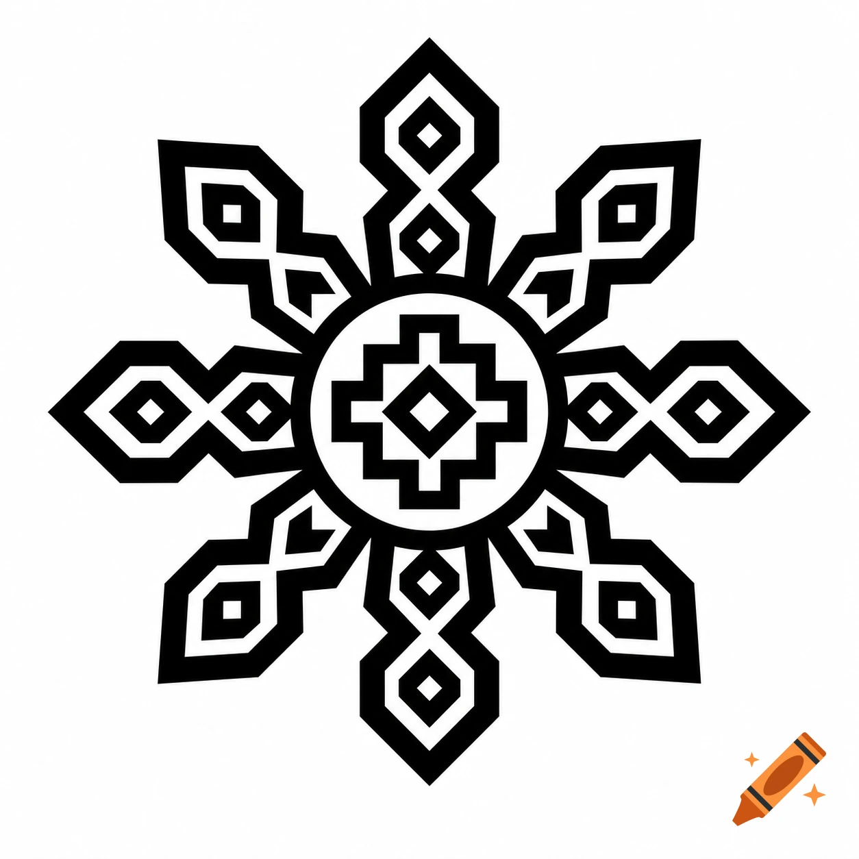 A black and white geometric logo resembling a stylized sun or snowflake with eight angular, tribal-patterned arms.