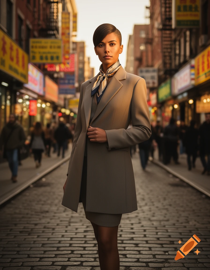 Stylish woman in a beige suit and patterned scarf stands on a cobblestone street in a bustling city with blurred background signs.
