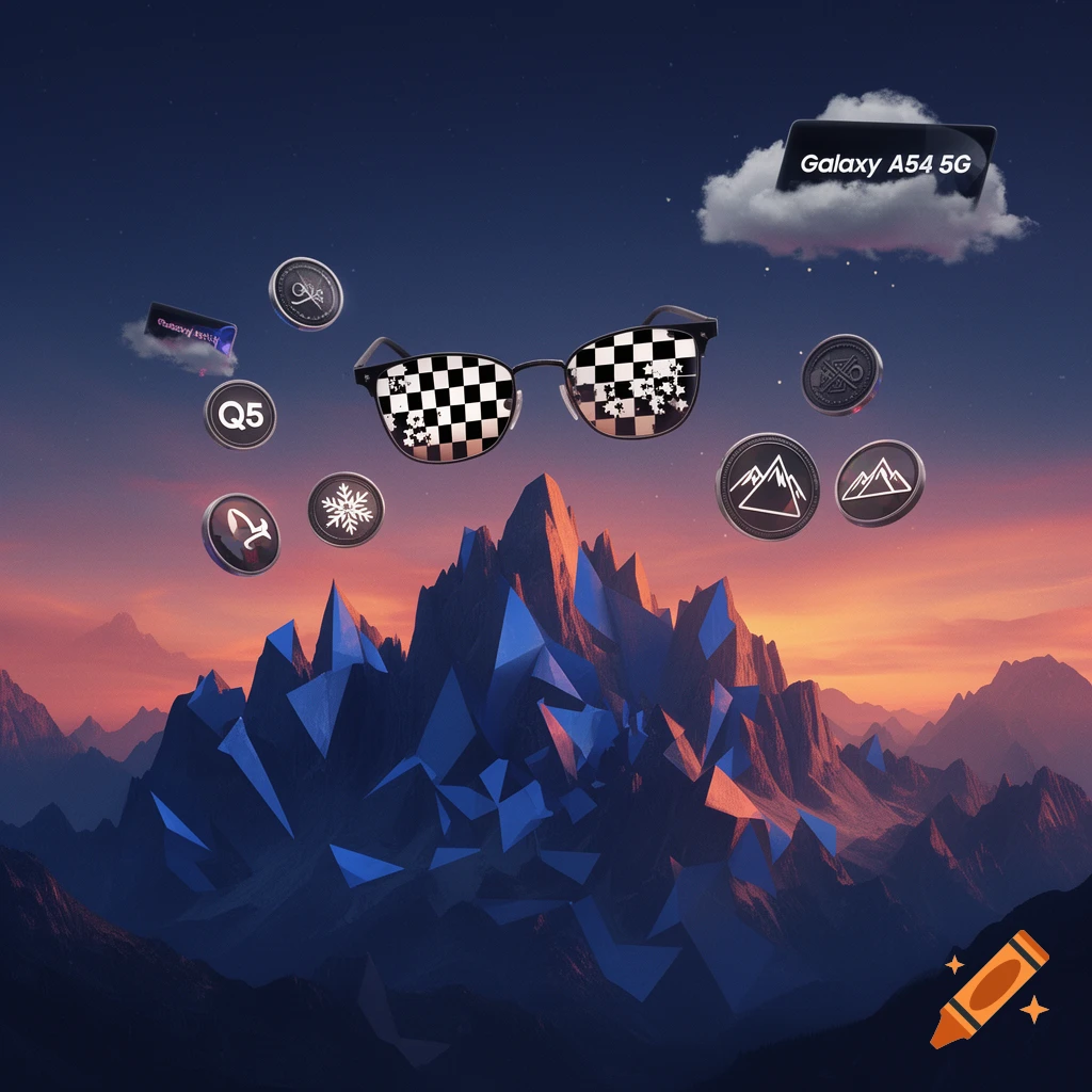 Surreal digital art with geometric mountains, floating sunglasses with checkered lenses, and various emblems against a sunset sky. Text reads "Galaxy A54 5G" and "Q5".