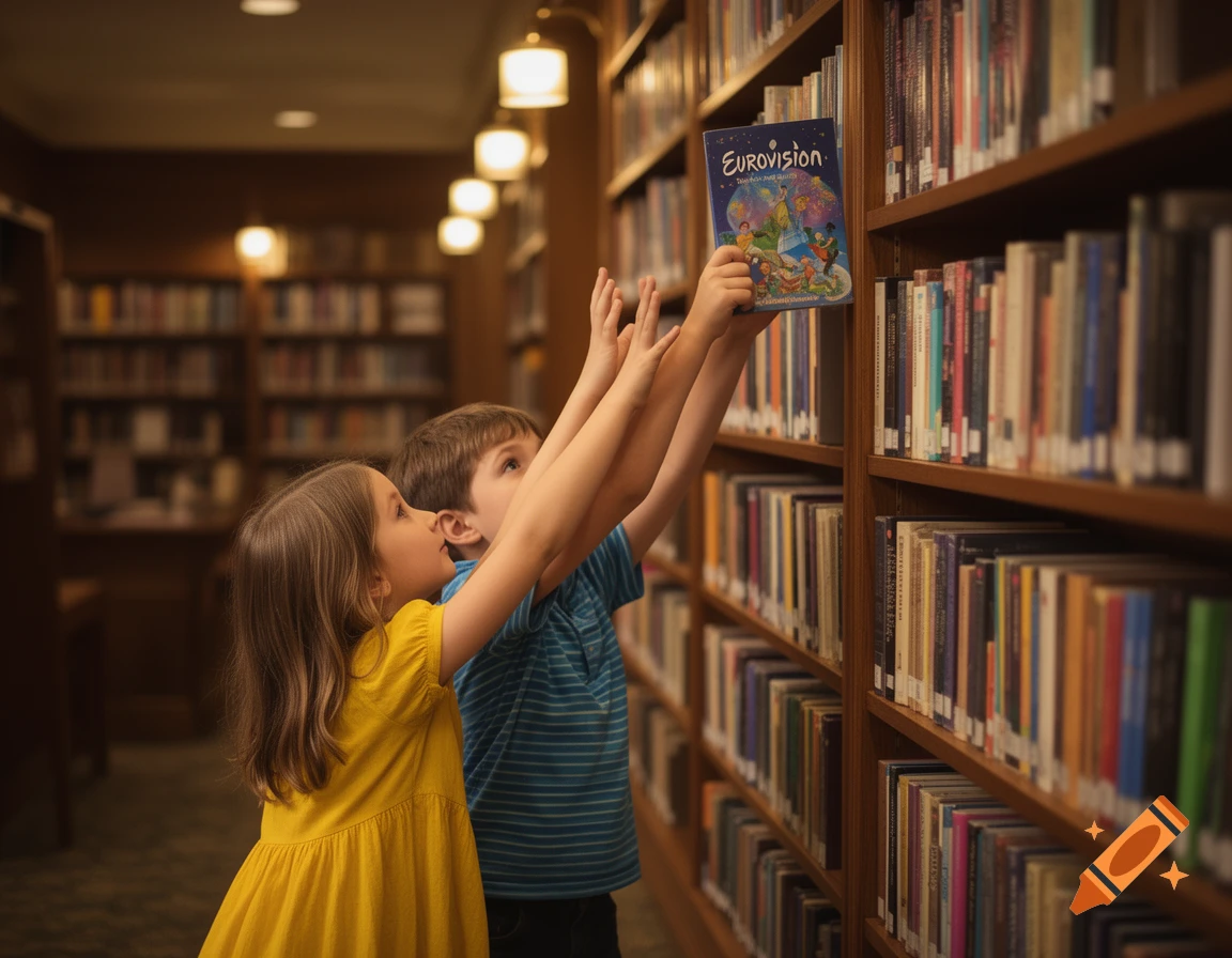 Two children, a girl in yellow and a boy in blue, reach up for a book titled "Eurovision" on a bookshelf in a library.