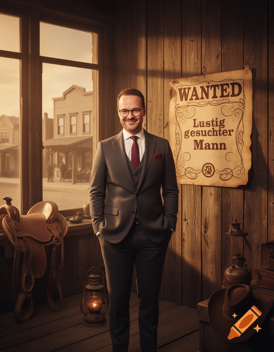 A man in a suit and glasses smiles, standing in a rustic western room next to a 'WANTED: Lustig gesuchter Mann' poster.