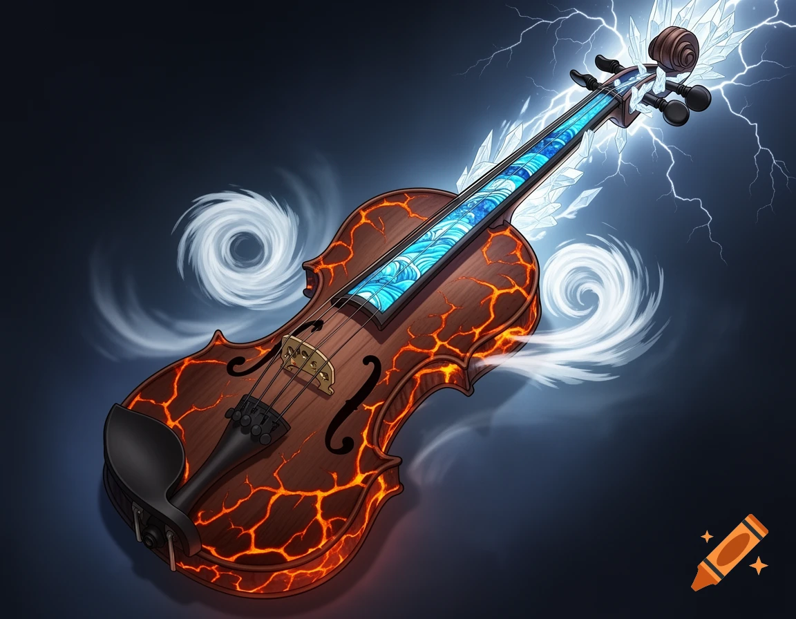 A fantasy violin with a magma-cracked wooden body, blue water wave fingerboard, ice, lightning, and swirling wind f-holes, in an anime style.