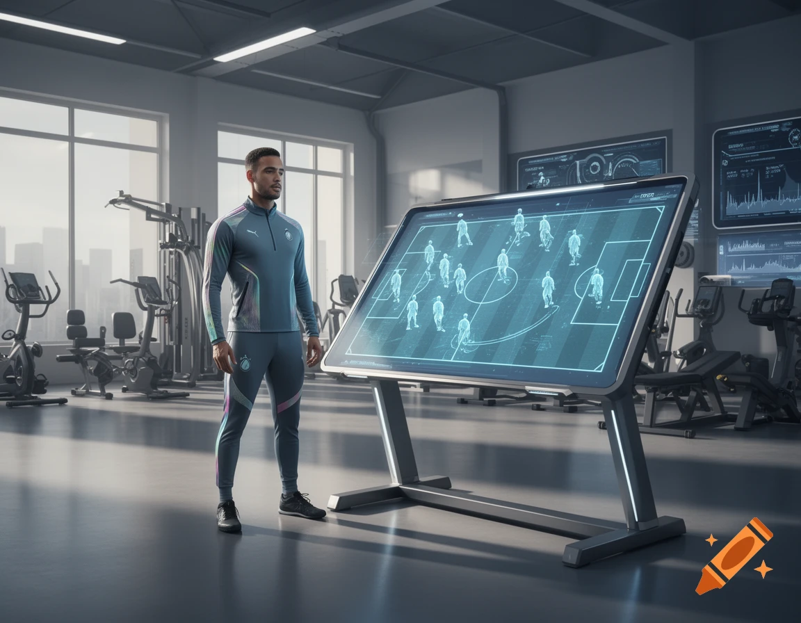 A male football coach stands in a futuristic gym, looking at a large glowing tactics board displaying a football formation.