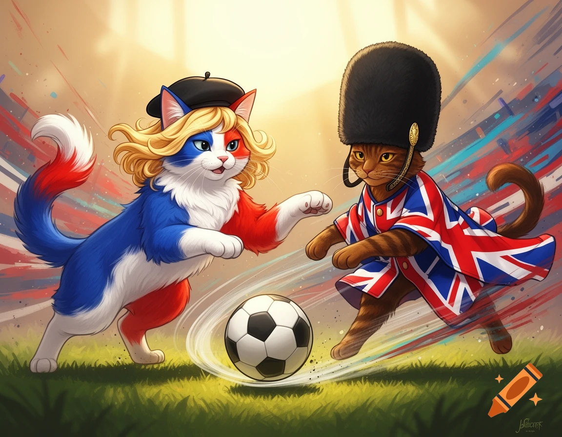 A blonde cat in French flag colors and a beret plays soccer with a brown cat in British flag colors and a bearskin hat, in a cartoon style.
