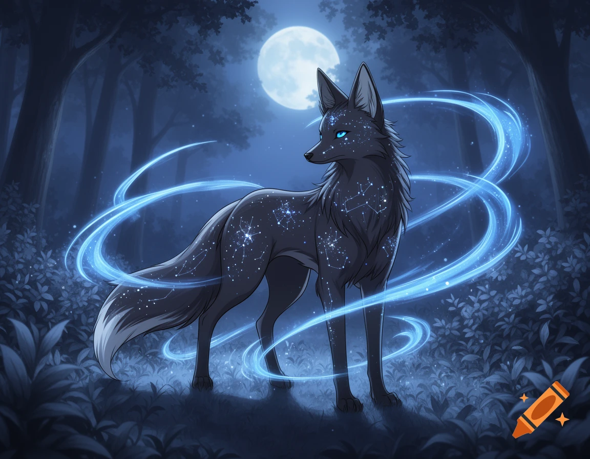 A dark, stylized fox-like creature with starry blue markings and glowing eyes stands in a mystical, moonlit forest, surrounded by ethereal blue light.