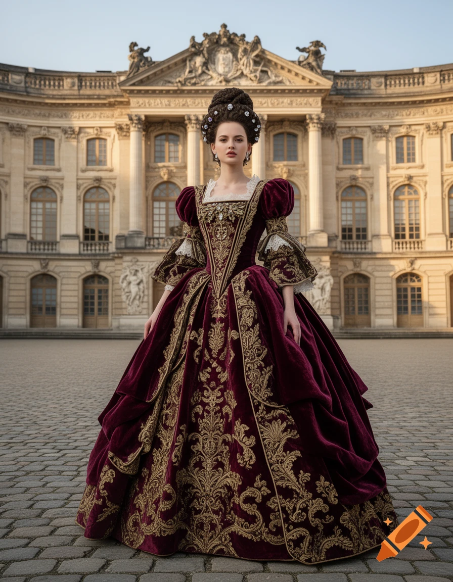 A woman in an elaborate burgundy baroque gown with gold embroidery stands on a cobblestone courtyard in front of a grand palace.