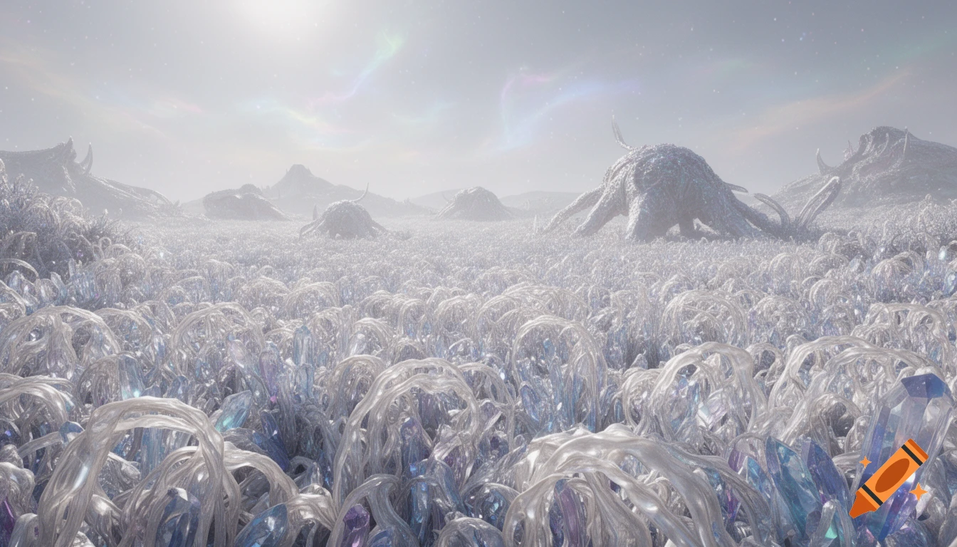 Majestic alien landscape with shimmering crystal-like flora, large indistinct organisms, and an opalescent sky. Photorealistic style.