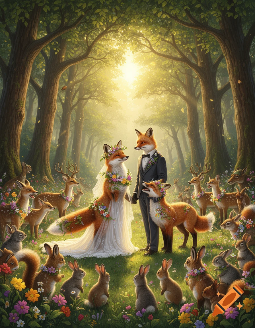 A bride and groom fox in a sunlit forest, surrounded by rabbits, deer, and squirrels adorned with flowers at a wedding.