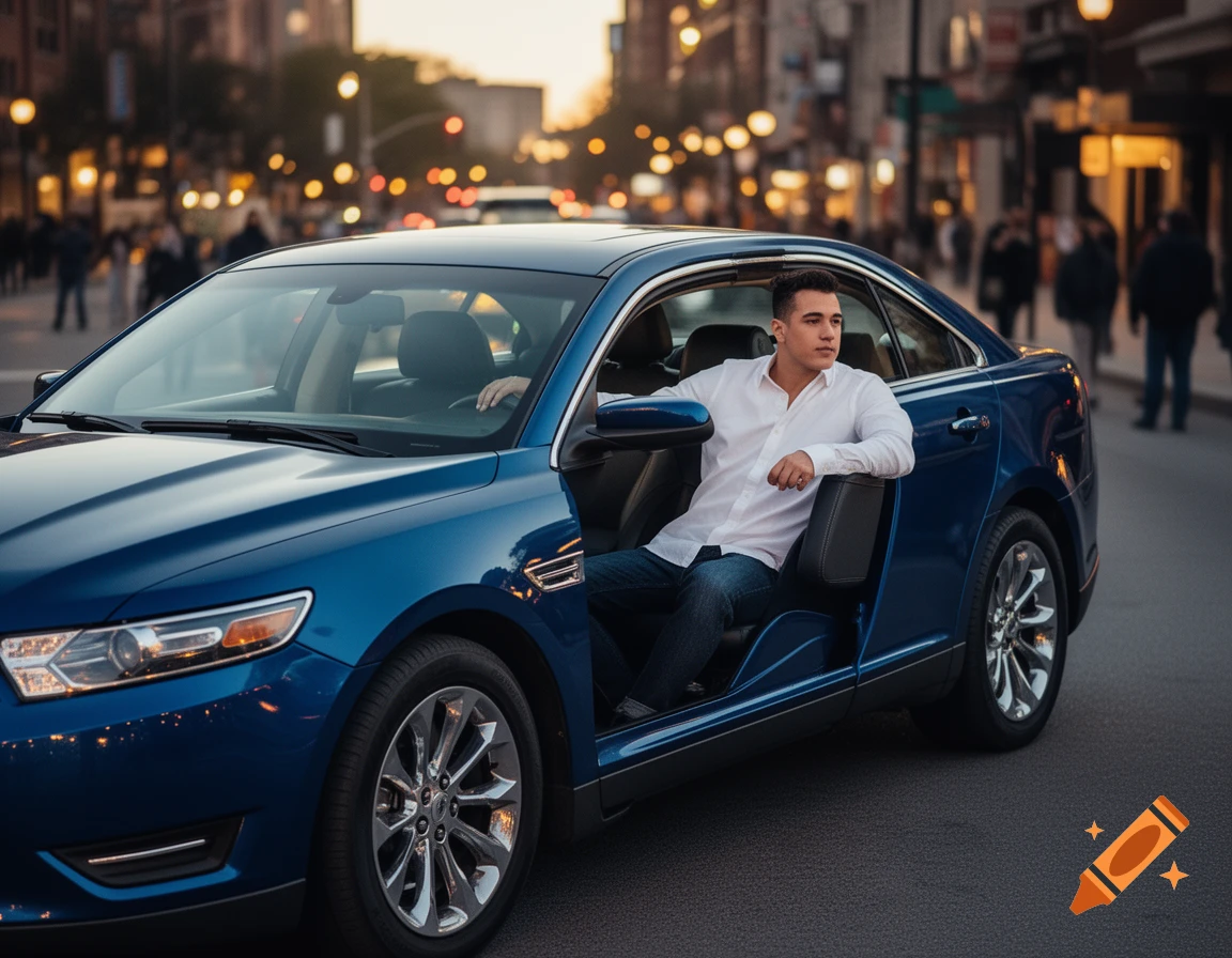 A young man in a white shirt and jeans sits in a blue sedan with the driver's door open on a city street at dusk.