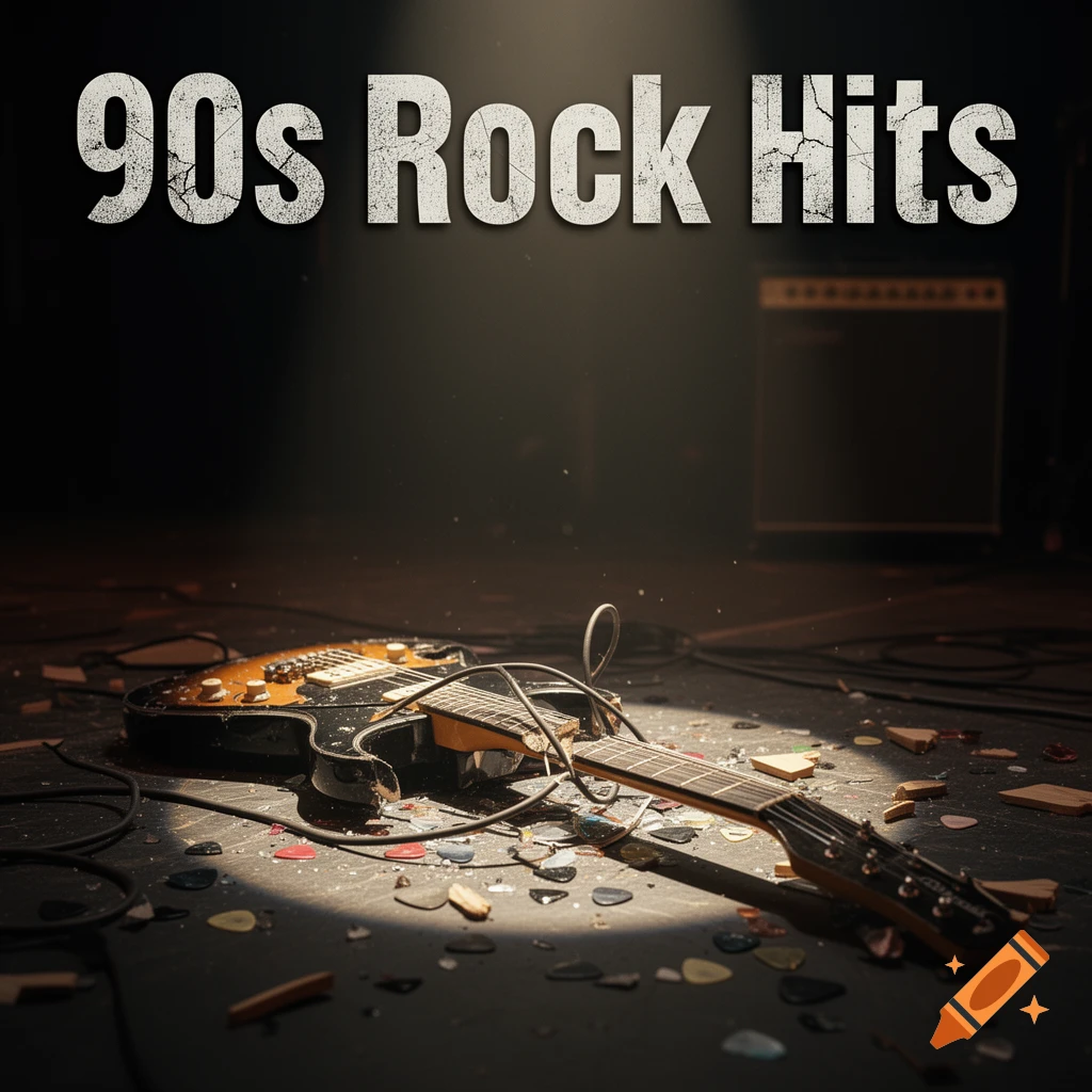 A smashed electric guitar lies on a dark, debris-strewn stage under a spotlight, with "90s Rock Hits" text above.