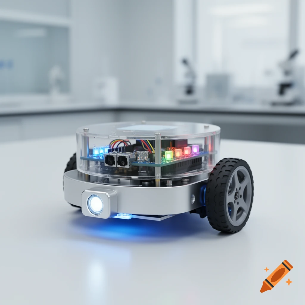 A small, round, silver robot with a clear dome revealing colorful internal circuits and a glowing blue light, sits on a white surface in a clean, brightly lit laboratory.