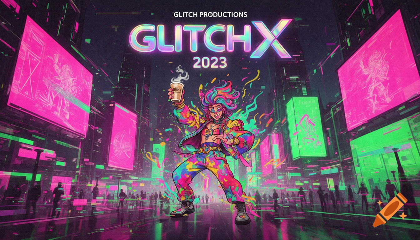 Vibrant cyberpunk-style event poster with glowing neon text "GLITCHX 2023" and "GLITCH PRODUCTIONS" above a colorful, dancing character holding a coffee cup, surrounded by confetti in a city with bright pink and green billboards and silhouetted figures.